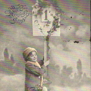 Carte postale allemande ancienne du Nouvel An - RPPC - Enfant avec panneau du 1er janvier Herzlichen Neujahrsgruß