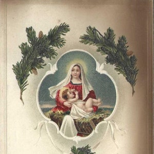 Marie et l'enfant Jésus - Carte postale de Noël ancienne avec guirlandes - Cloches et branches d'épicéa