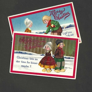 Enfants néerlandais en costume ethnique PAIRE de cartes postales romantiques de Noël antiques de 1913 et 1921 - Finition gélatine