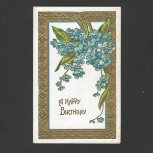 Carte postale d'anniversaire antique avec bouquet de myosotis en relief, 1909 - Un joyeux anniversaire - Editeur H Hagemeister