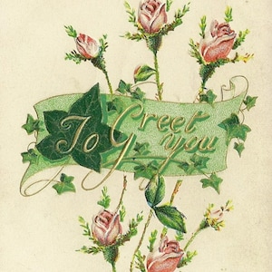 Carte postale antique de roses roses et de lierre de GDD pour vous saluer 1909 - Belle salutation d'amitié