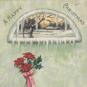 Carte postale de Noël ancienne - accents de poinsettia, demi-cercle en médaillon d'une maison de campagne enneigée au coucher du soleil