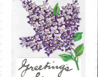 Lilac Branch Greetings Sincere Postally Unused Antique Postcard 1908 Tinsel Postcard