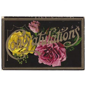 Carte postale de félicitations antique, roses sur fond noir, 1912, finition gélatine légère, craquante, postal n'a pas été utilisée