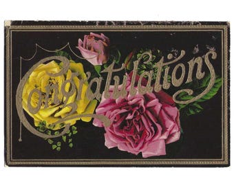 Roses on Antique Congratulations Postcard - 1912 Gelatine Finish