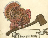 Vintage Comic Thanksgiving Vintage Postcard Turkey with an Axe and Funny Message The Rose Company Publisher 1907