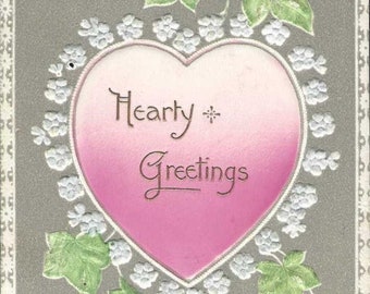 Hearty Greetings Antique Postcard - Heart With Forget-me-Nots and Ivy 1908 - Possible Cork Cancel