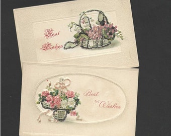Pair of Antique Best Wishes Postcards Floral Baskets Filled With Flowers and Accented with Glitter UNUSED Tinsel Postcards