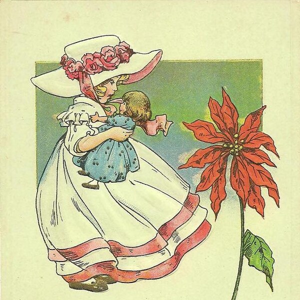 Girl with her Doll and Red Poinsettia on Vintage Christmas Postcard Unused
