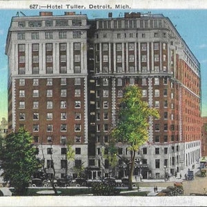 Carte postale vintage en lin de l'hôtel Tuller DETROIT Michigan - 1937 avec annulation du slogan pour les obligations d'épargne américaines et timbre-poste