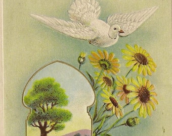 White Dove Easter Flowers and Countryside Scene Embossed Antique Easter Postcard JJ Marks Publisher A Peaceful Easter
