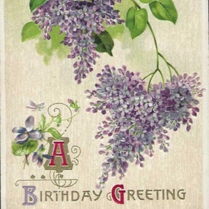 Carte postale d'anniversaire antique en relief de branches de lilas des années 1910 - Une carte de voeux d'anniversaire