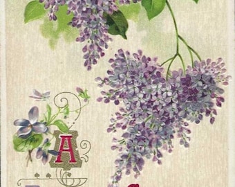 Carte postale d'anniversaire antique en relief de branches de lilas des années 1910 - Une carte de voeux d'anniversaire