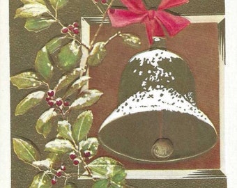 Carte postale ancienne du Nouvel An, cloche dorée et houx en relief, années 1910