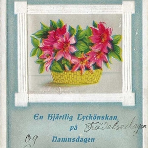 En Hjärtlig Lyckönskan På Namnsdagen - Ancienne carte postale suédoise pour le jour du prénom, panier de fleurs et voeux pour l'occasion