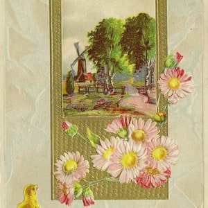 Moulin à vent dans la prairie fleurs roses et poussin Carte postale de Pâques antique 1912 P Sander Publisher