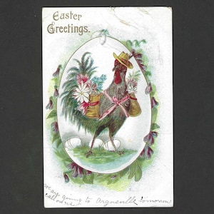 Poulet anthropomorphe avec sacoches remplies de fleurs Carte postale de Pâques antique 1908