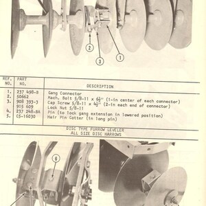 May include: Diagram showing how to connect a gang connector to a disc harrow. The diagram shows the parts of the connector, including the bolt, cap screw, lock nut, pin, and hair pin cotter. The text in the diagram reads "Gang Connector" and "Use with extension on 252 & 253 disc harrows".