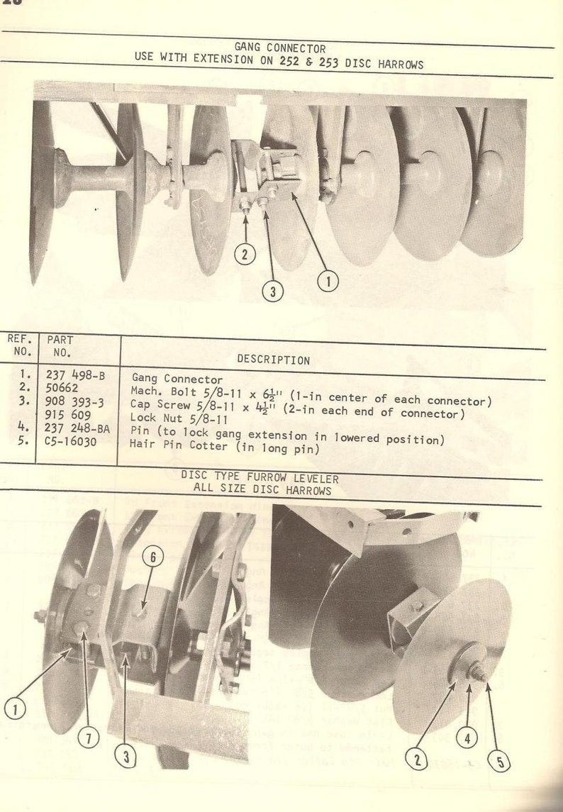 May include: Diagram showing how to connect a gang connector to a disc harrow. The diagram shows the parts of the connector, including the bolt, cap screw, lock nut, pin, and hair pin cotter. The text in the diagram reads "Gang Connector" and "Use with extension on 252 & 253 disc harrows".