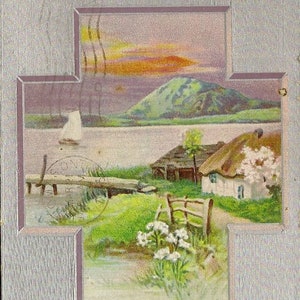 Scenic Cross Voilier on the Lake by Cottage Ancienne carte postale de Pâques annulée Tuck Silver Cross Series 1913 SON Annuler