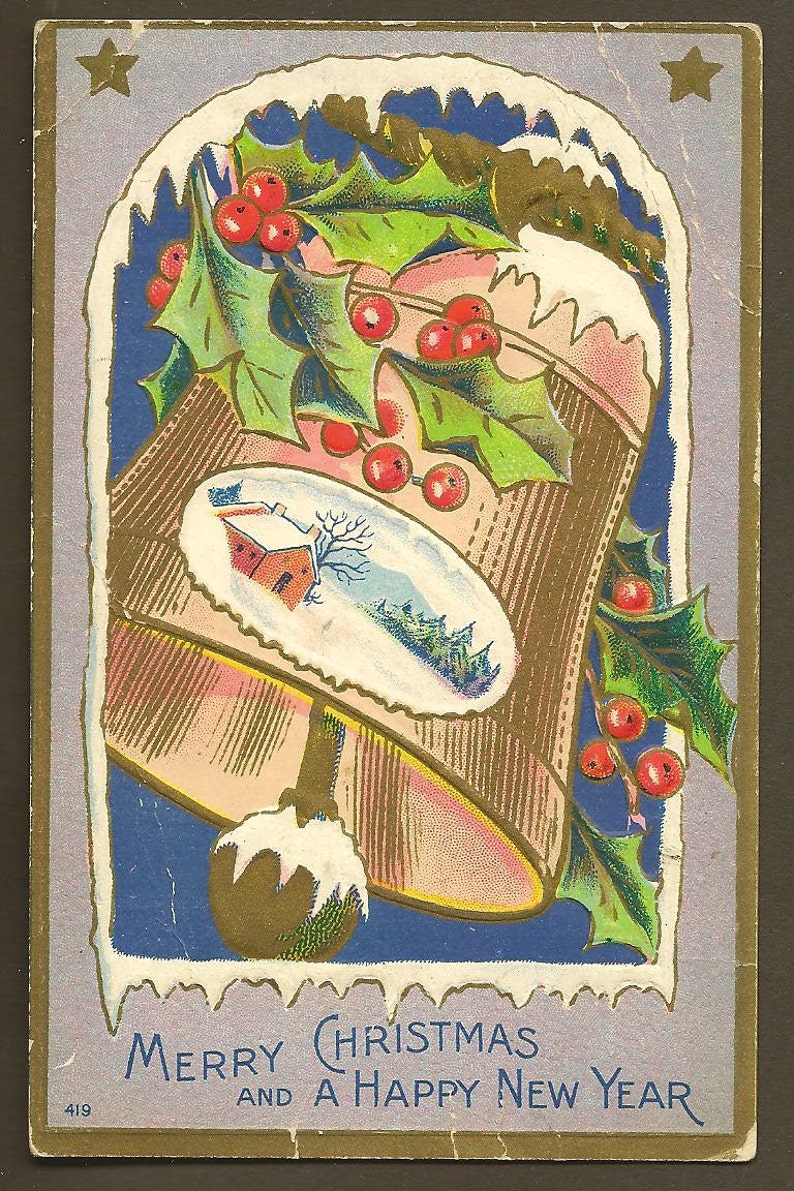 Large Frosted Gold Bell with Red Barn Scene Charming Embossed Vintage Unused Christmas Postcard