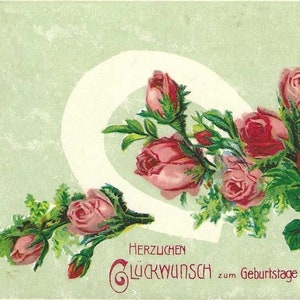 Carte postale d'anniversaire allemande, roses roses et fer à cheval, carte postale ancienne 1916 Herzuchen Glückwunsch Zum Geburtstage - anniversaire de juin