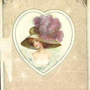 Carte postale antique de Saint-Valentin de Samuel L Schmucker dans un chapeau fantaisie avec une plume pourpre - Années 1910, éditeur John Winsch