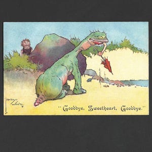 Série Lawson Wood homme des cavernes et dinosaure de paon Carte postale ancienne inutilisée - Au revoir, chérie au revoir - Humour visuel