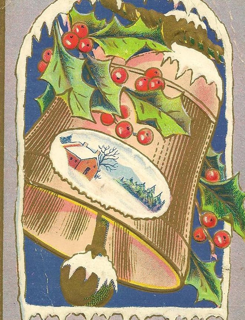 Large Frosted Gold Bell with Red Barn Scene Charming Embossed Vintage Unused Christmas Postcard