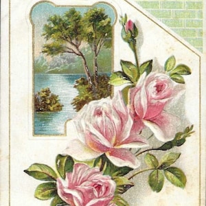Carte postale d'anniversaire antique rose pâle en relief avec roses des années 1910, belle scène au bord du lac