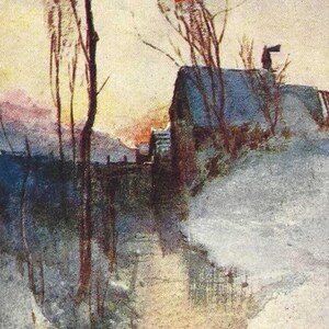 Moulin de campagne au coucher du soleil d'hiver avec roue à eau inutilisée carte postale de Noël antique UDB série artotype de la Saint-Valentin pour vous souhaiter la bienvenue - signé par l'artiste
