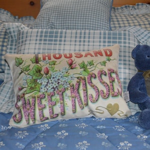 Romantic Kisses Velveteen Lumbar Pillow Cover: Floral Accent, Antique Postcard