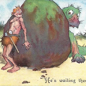 Carte postale ancienne inutilisée de l'artiste He's Waiting There for Me Lawson Wood série homme des cavernes et dinosaure signée - humour visuel