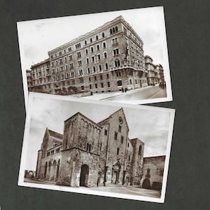 BARI Italie Paire de vraies cartes postales inutilisées avec photo Basilica di S Nicola and Via Salvatore Cognetti e Palazzo Acquedotto Pugliese
