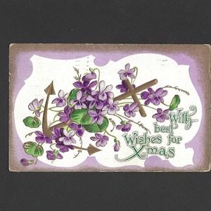 Carte postale de Noël antique ancre dorée couverte de violettes 1910 Birn Brothers Publishing (BB Londres) avec Meilleurs voeux pour Noël