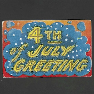 Carte postale antique patriotique du 4 juillet 1908, feux d'artifice rouge jaune et bleu