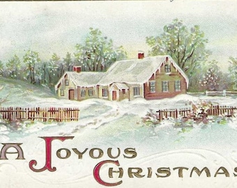 A Joyous Christmas Antique Christmas Postcard Snow Covered Country Farm House 1916 Stecher Litho
