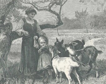 Mother and Child With Goats Antique Engraving in Black and White Suitable For Framing 1886 - Unwelcome Advances