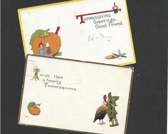 Pèlerins avec dindes et citrouilles Paire de cartes postales anciennes d'action de grâces Bergman Publishing 1913