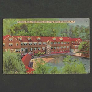 Bâtiment principal de l'hôtel Williams Lake et tour de plongée ROSENDALE New York Carte postale en lin vintage 1948