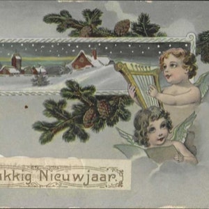 Anges avec harpe dans des branches d'épicéa Carte postale antique du Nouvel An - Voeux du Nouvel An néerlandais Gelukkig Nieuwjaar 1910