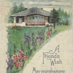 Carte postale de l'amitié ancienne « Le vœu d'un ami » de 1917, annulation de l'inscription Floyd Iowa - Demeure seigneuriale et fleurs