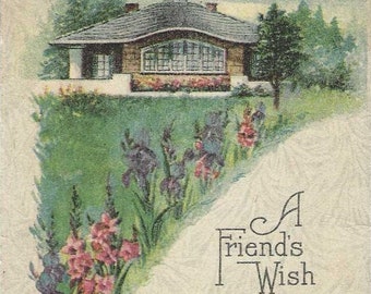 A Friend's Wish Antique Friendship Postcard 1917 Floyd Iowa Cancel - Stately Home and Flowers