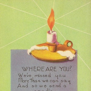 Une seule bougie allumée inutilisée Absenté(e) de l'école du dimanche Vous nous manquez Carte postale vintage Citation d'Ecritures saintes Timbre américain d'un cent prétimbré