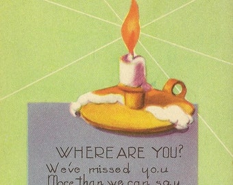 Brightly Burning Single Candle Unused Sunday School Absentee We Miss You Vintage Postcard Scripture Quotation Pre-stamped One-Cent US Stamp