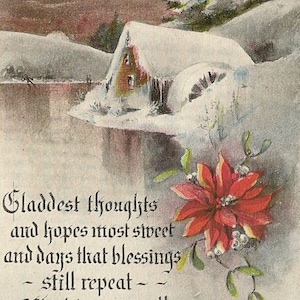 Moulin couvert de neige au bord du lac, carte postale de Noël antique accent poinsettia 1916