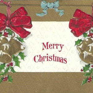 Paire de cloches dorées avec noeuds rouges et accents de houx - Carte postale de Noël ancienne H I Robbins Publisher 1910