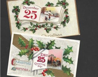 Pair Antique Christmas Postcards Dec 25 in Faux Books Accents of Holly 1910s