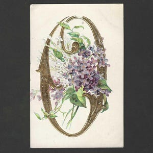 Lettre O dorée rehaussée de lilas Carte postale ancienne UDB à encadrer