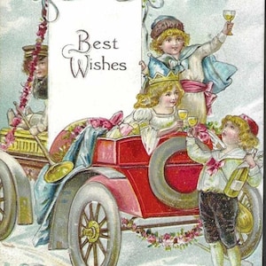 Meilleurs voeux fête d'enfants dans une vieille voiture Carte postale ancienne en relief romantique et amusante image Otto Schloss Publisher 1910